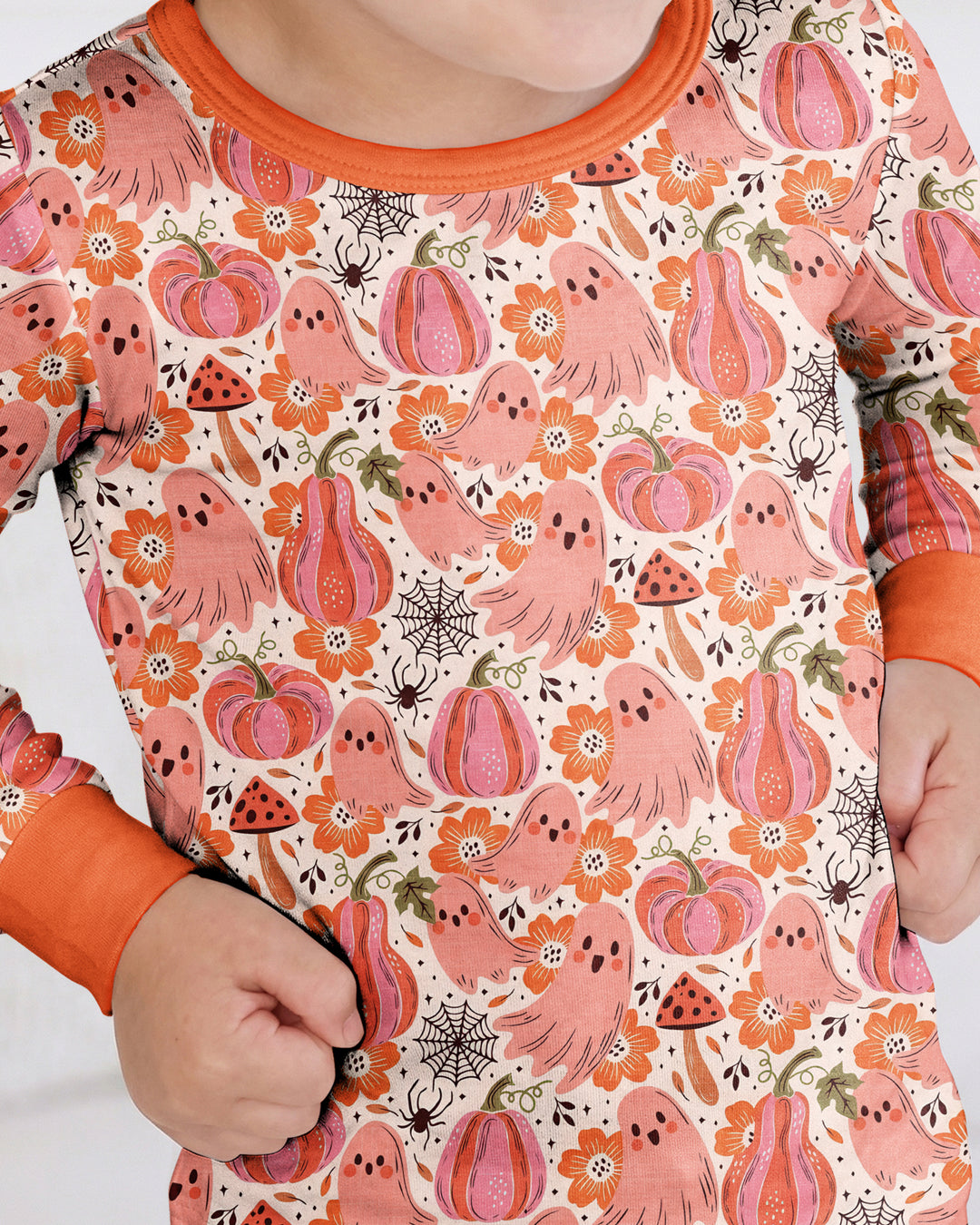 Pink Ghost Pumpkin Fall Floral Halloween Bamboo Two Piece Long Sleeve Pajama Set