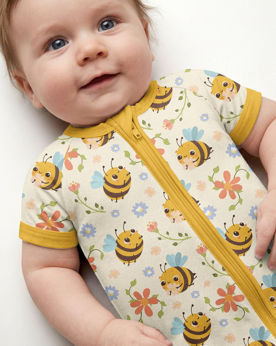 Bees and Flowers Bamboo Shorty Zippered Romper