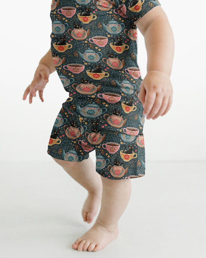 Folk Floral Black Cat Tea Party Bamboo Two Piece Short Sleeve Shorts Pajama Set