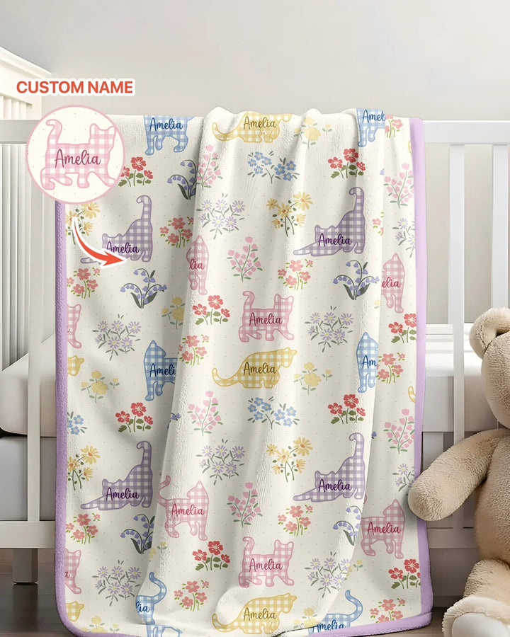 Manta de bambú Gingham Cats con nombre personalizado