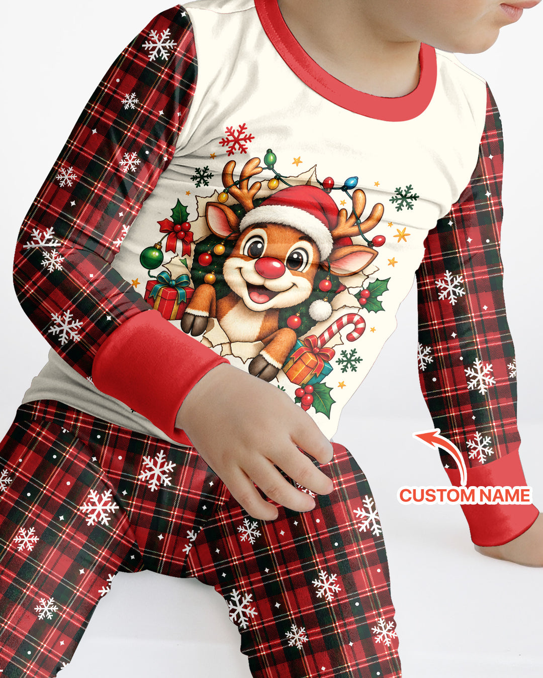 Cute Reindeer in Santa Hat Bamboo Two Piece Long Sleeve Pajama Set