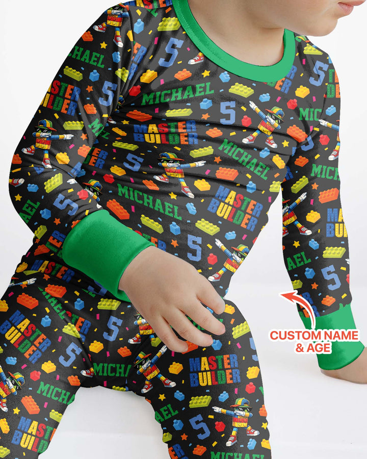 Custom Name and Age Master Builder Birthday Bamboo Two Piece Long Sleeve Pajama Set
