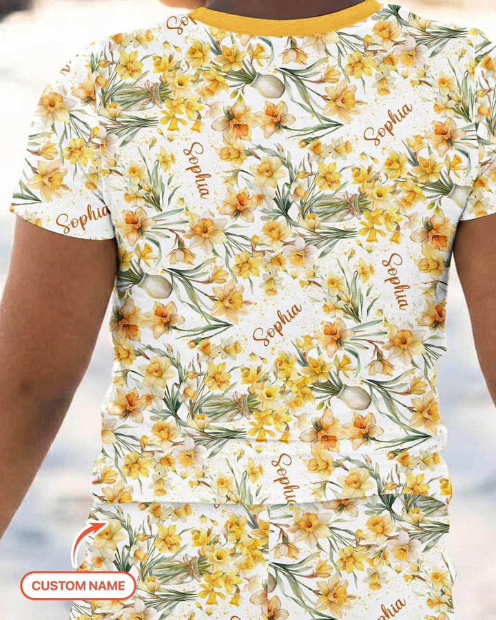 Custom Name Birth Month Flowers Bamboo Two Piece Short Sleeve Pajama Set