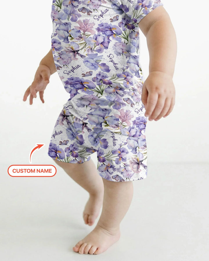 Custom Name Birth Month Flowers Bamboo Two Piece Short Sleeve Shorts Pajama Set