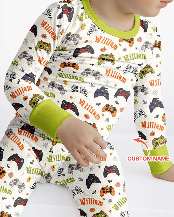 Custom Name Halloween Gaming Controllers Bamboo Two Piece Long Sleeve Pajama Set