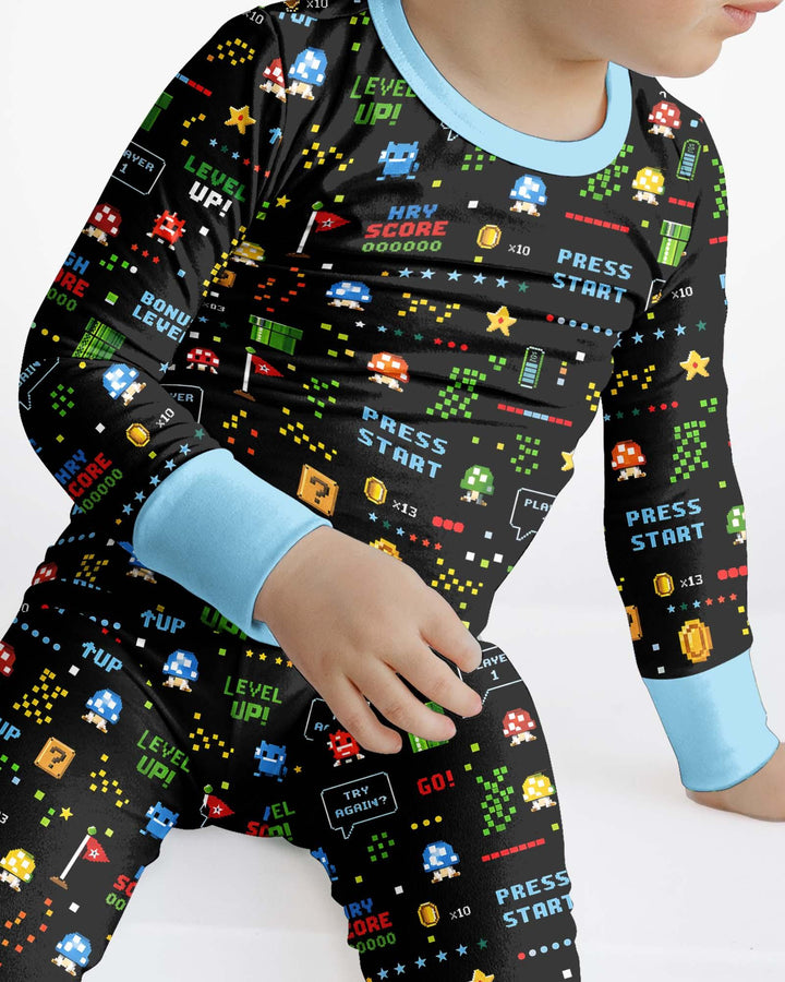 Pijama de dos piezas de manga larga de bambú con motivos de amantes de los videojuegos Pixel