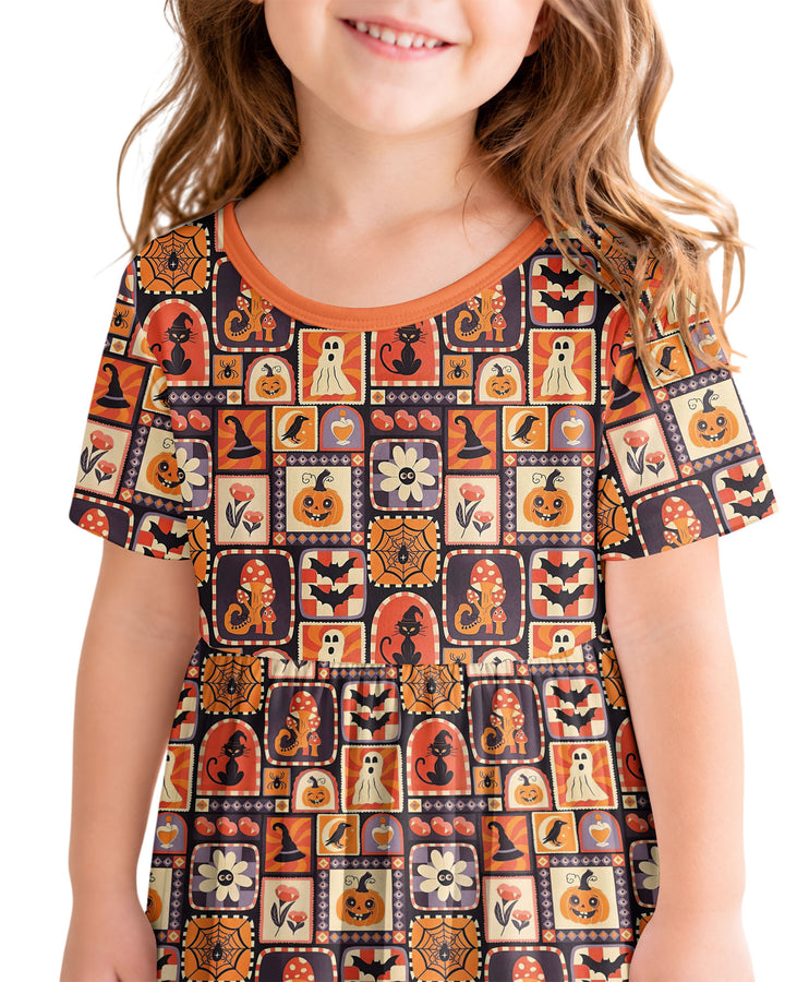 Retro Halloween Patchwork Icons Bamboo Twirl Dress