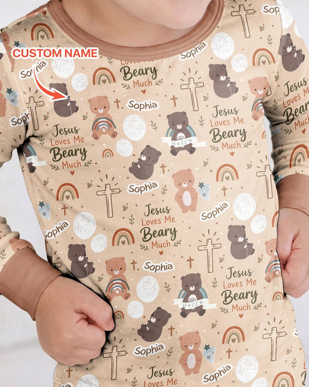 Custom Name Jesus Loves Me Beary Much Bamboo Two Piece Long Sleeve Pajama Set