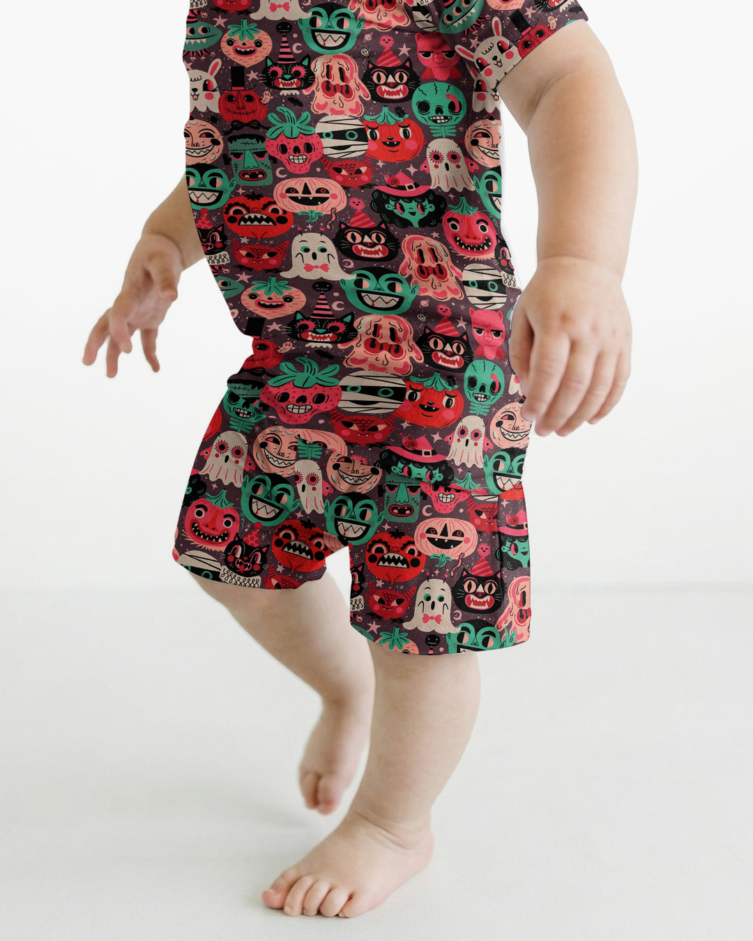 Retro Halloween Monsters Ghost Pumpkin Mummy Bamboo Two Piece Short Sleeve Shorts Pajama Set