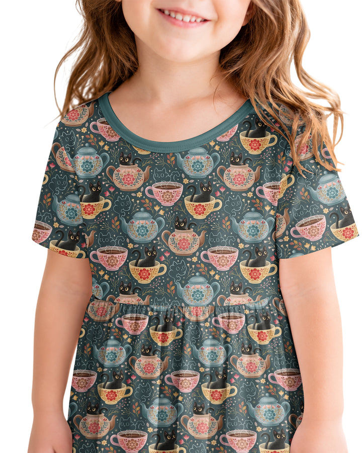 Folk Floral Black Cat Tea Party Bamboo Twirl Dress