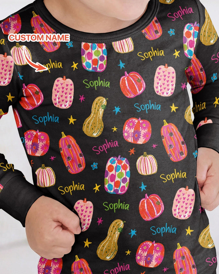 Custom Name Colorful Pumpkin Bamboo Two Piece Long Sleeve Pajama Set