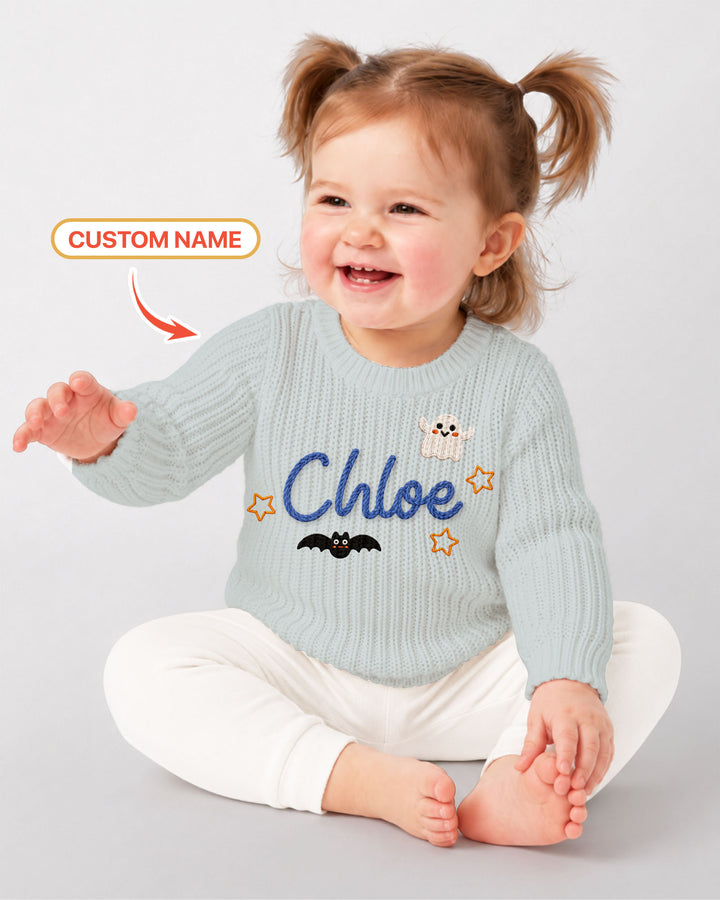 Happy Halloween Embroidered Baby Name Bamboo Knit Sweater Bubble