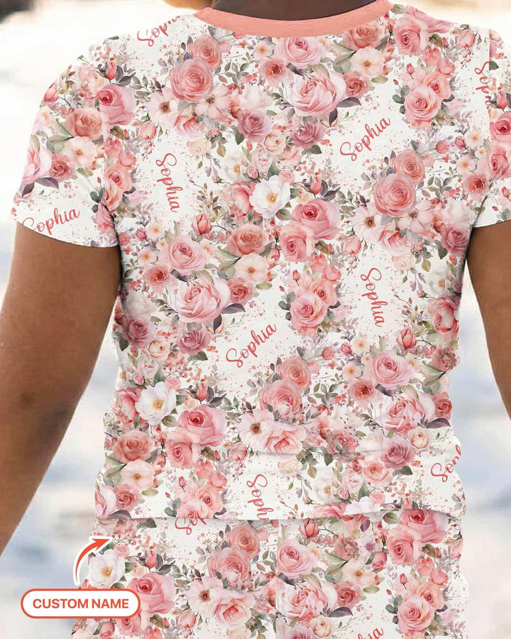 Custom Name Birth Month Flowers Bamboo Two Piece Short Sleeve Pajama Set