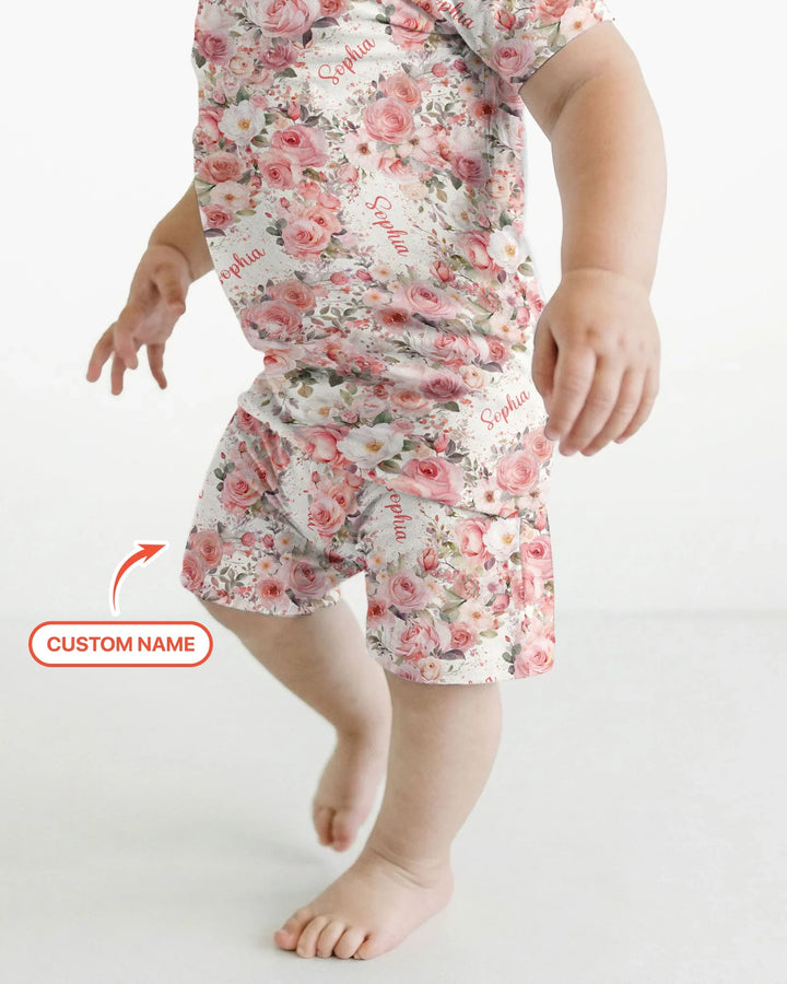 Custom Name Birth Month Flowers Bamboo Two Piece Short Sleeve Shorts Pajama Set