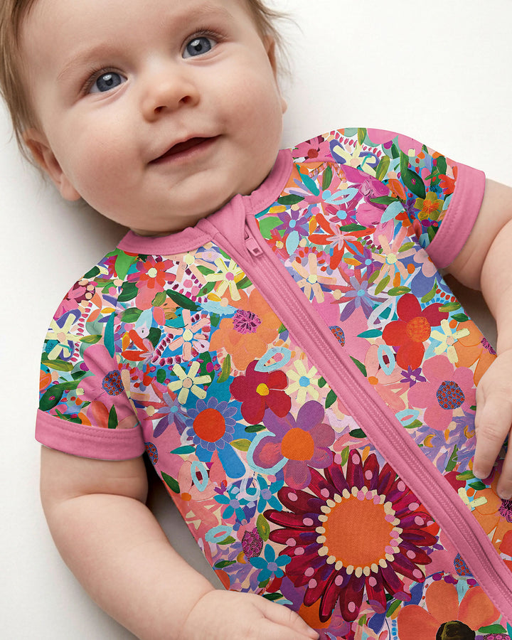 Rainbow Blooms Strampler aus Bambus mit Reißverschluss