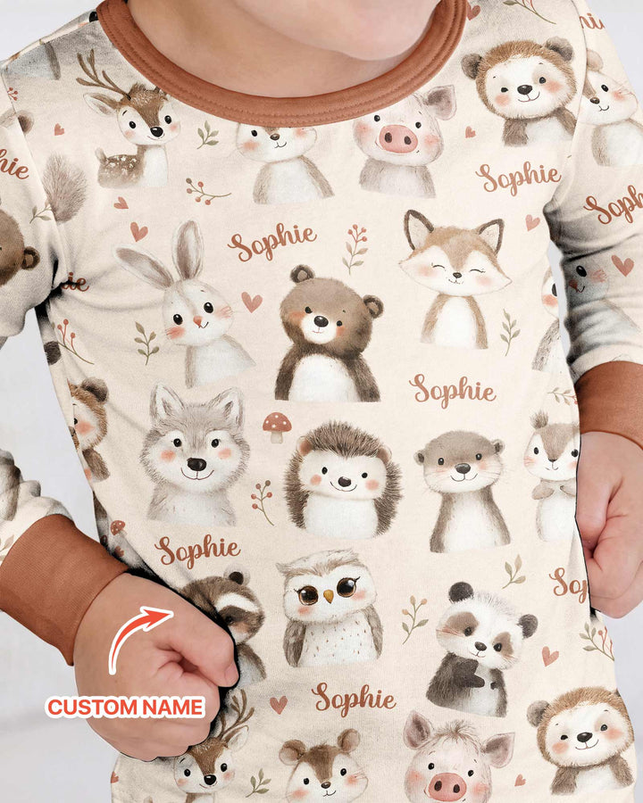 Custom Name Watercolor Woodland Bamboo Two Piece Long Sleeve Pajama Set