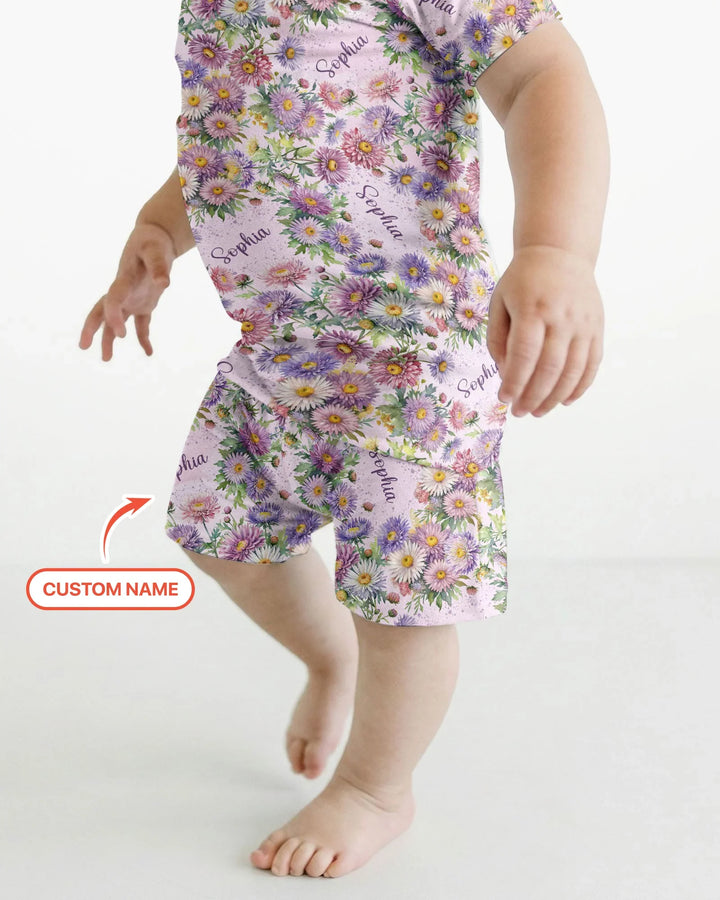 Custom Name Birth Month Flowers Bamboo Two Piece Short Sleeve Shorts Pajama Set