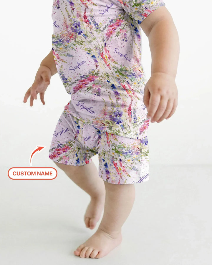 Custom Name Birth Month Flowers Bamboo Two Piece Short Sleeve Shorts Pajama Set