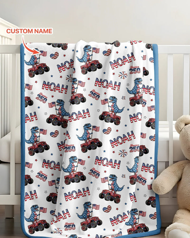 Custom Name American Flag Dinosaur Bamboo Blanket