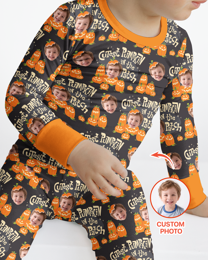 Custom Photo Cutest Pumpkin in the Patch Bamboo Two Piece Long Sleeve Pajama Set