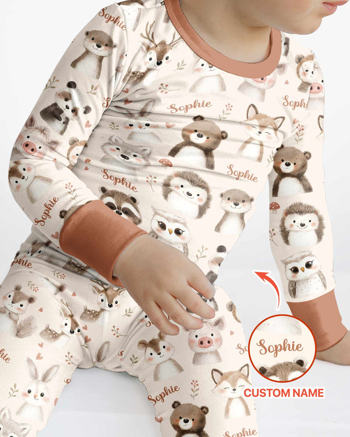 Custom Name Watercolor Woodland Bamboo Two Piece Long Sleeve Pajama Set