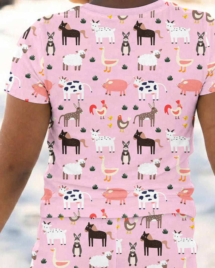 Pink Farm Animals Bamboo Two Piece Short Sleeve Pajama Set