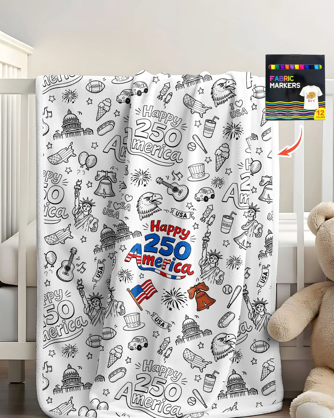 All Colorable Happy 250 America I love USA Bamboo Blanket