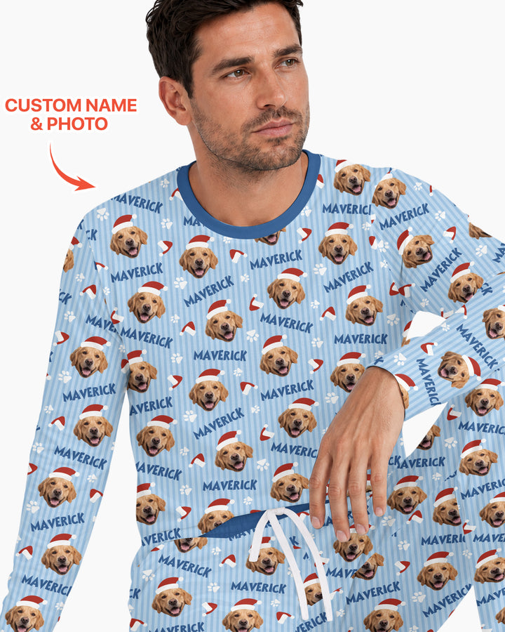 Custom Pet Photo Christmas Paws Stripe Bamboo Men's Pajama Set