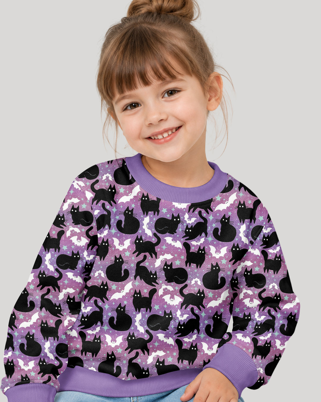 Spooky Black Cat Halloween Purple Bats Bamboo Crewneck Sweatshirt