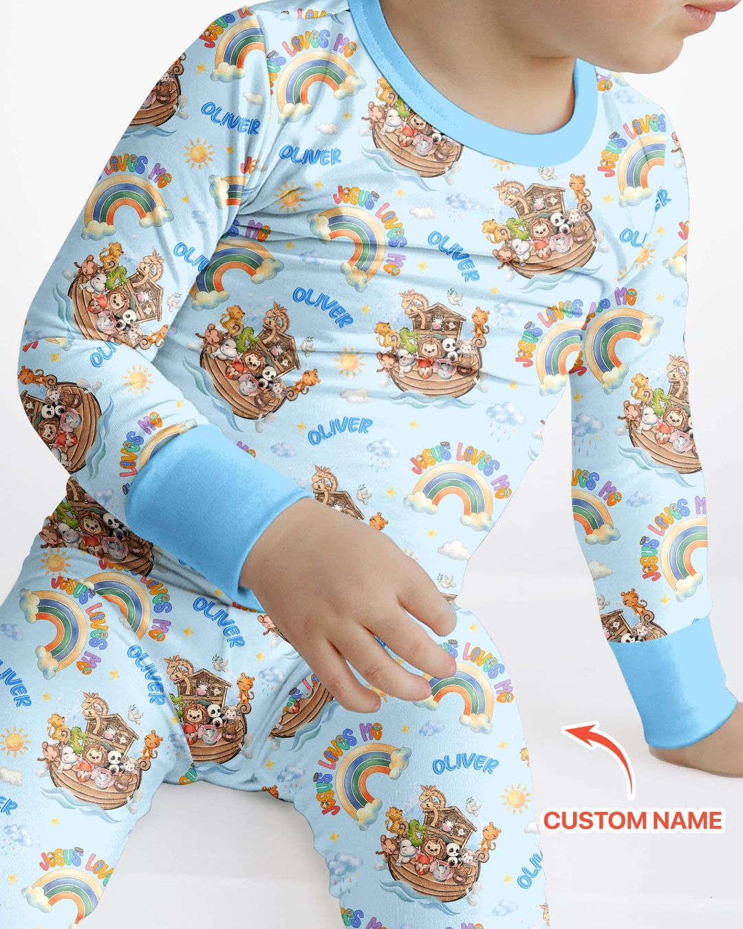 Custom Name Jesus Loves Me Noah's Ark Bamboo Two Piece Long Sleeve Pajama Set