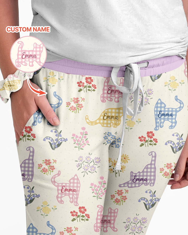 Gingham Cats Custom Name Bamboo Women Pajama Set