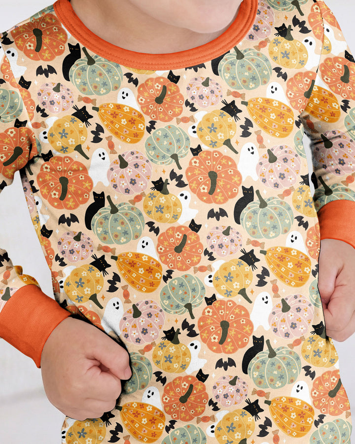 Floral Pumpkin Ghost Halloween Bamboo Two Piece Long Sleeve Pajama Set
