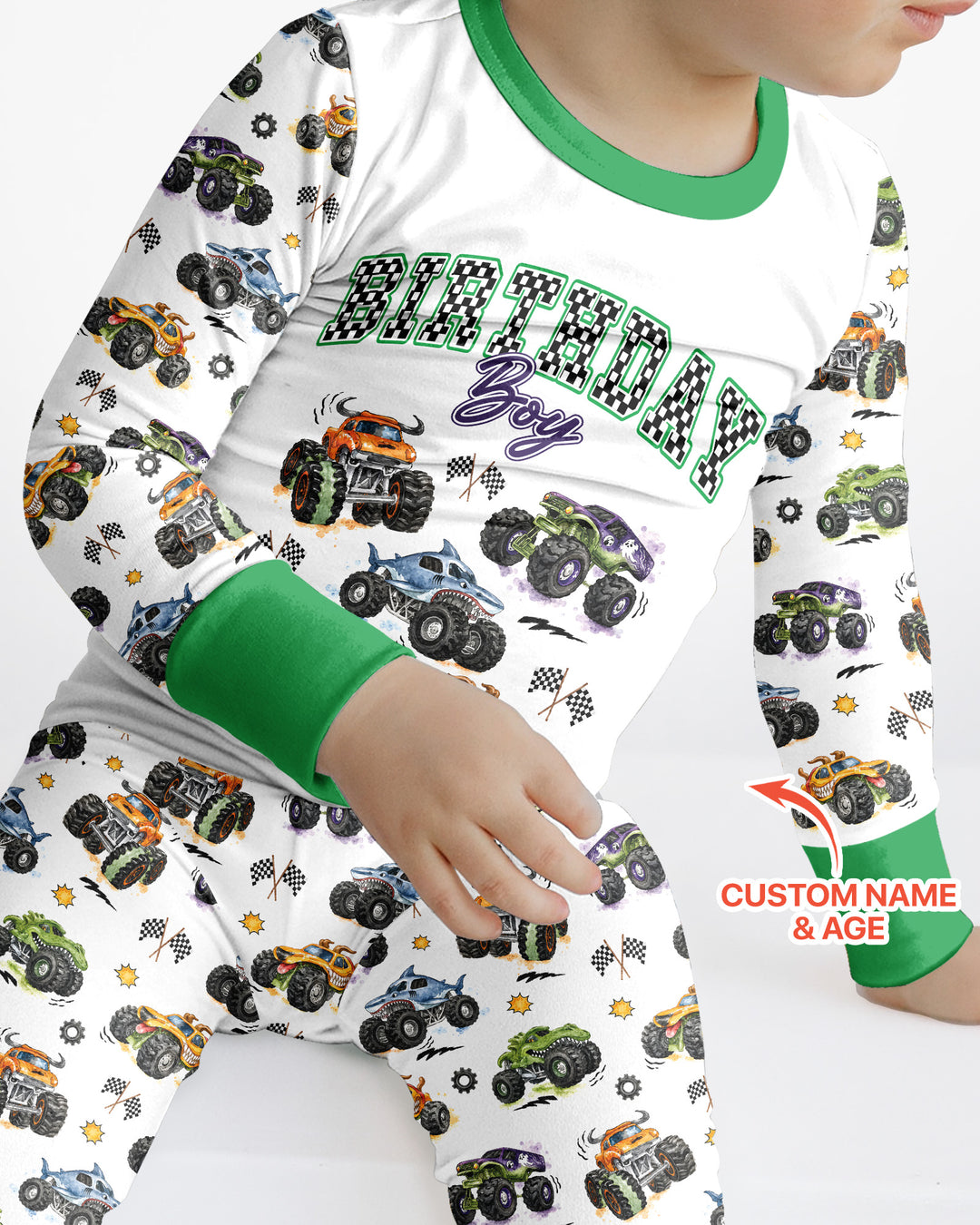 Personalized Monster Truck Birthday Bamboo Two Piece Long Sleeve Pajama Set