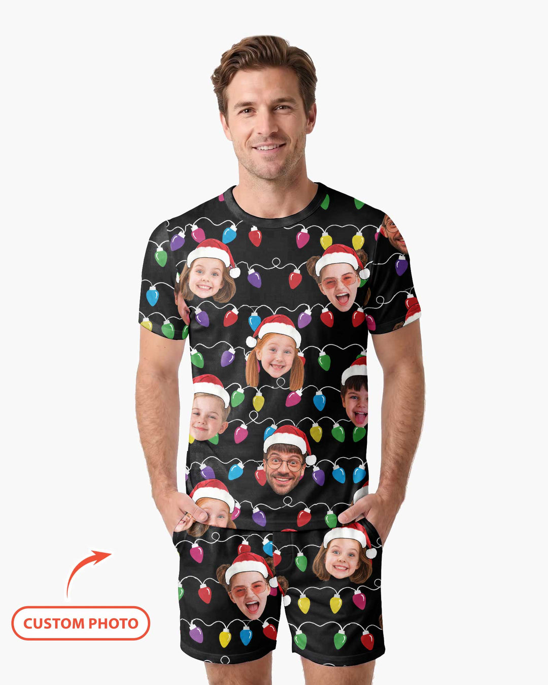Custom Face Christmas Family Silly Xmas Leds Bamboo Men Short Sleeve Short Pajama Set