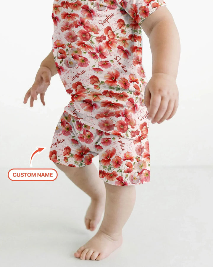 Custom Name Birth Month Flowers Bamboo Two Piece Short Sleeve Shorts Pajama Set