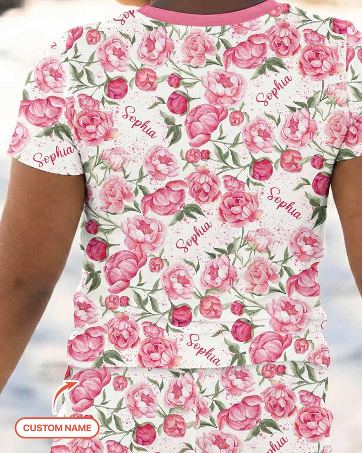 Custom Name Birth Month Flowers Bamboo Two Piece Short Sleeve Pajama Set