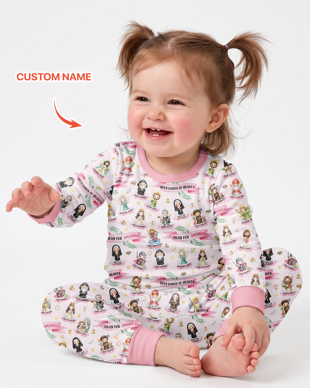 Santas y Santos del Cielo Juego de Pijama de Dos Piezas de Bambú de Manga Larga con Nombre Personalizado