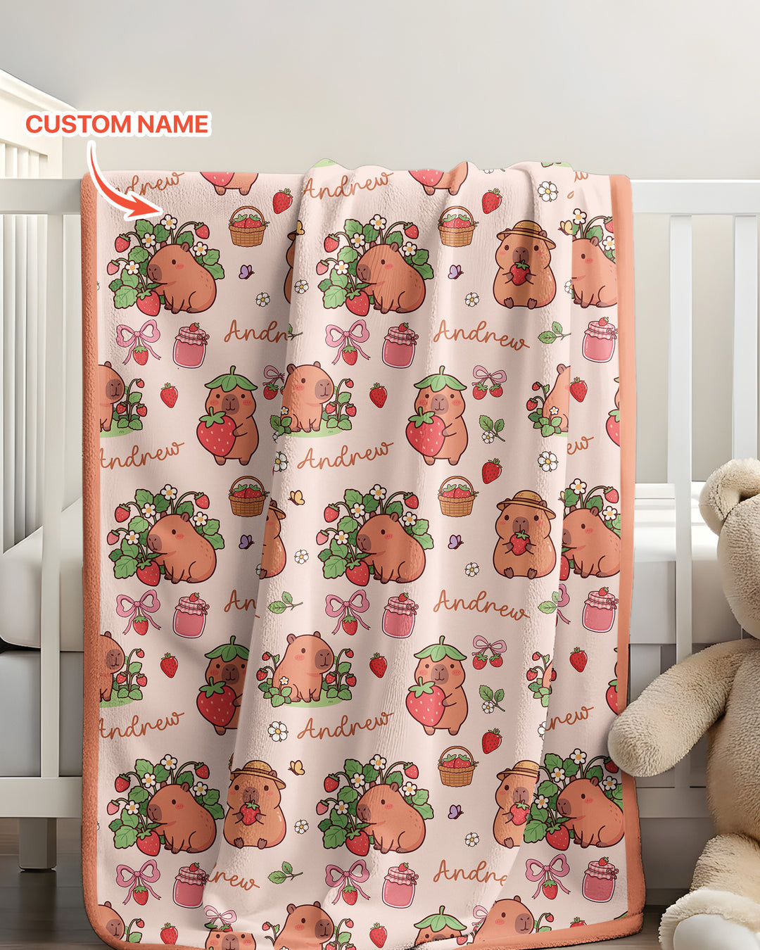 Custom Name Capybara Strawberry Bamboo Blanket
