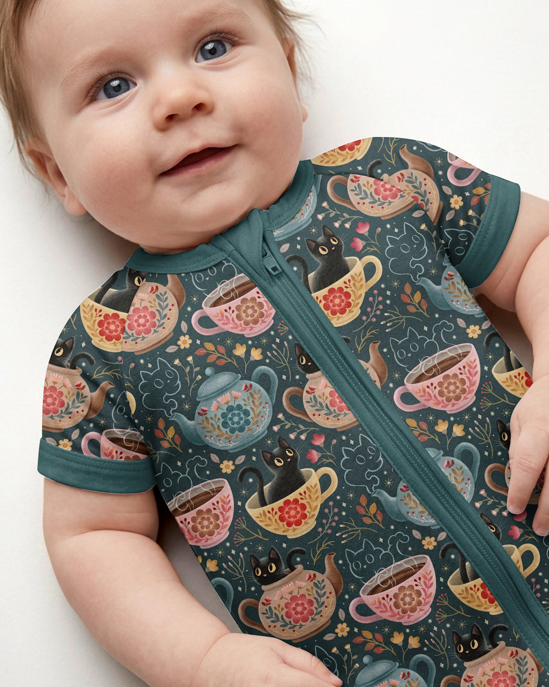 Folk Floral Black Cat Tea Party Bamboo Shorty Zippy