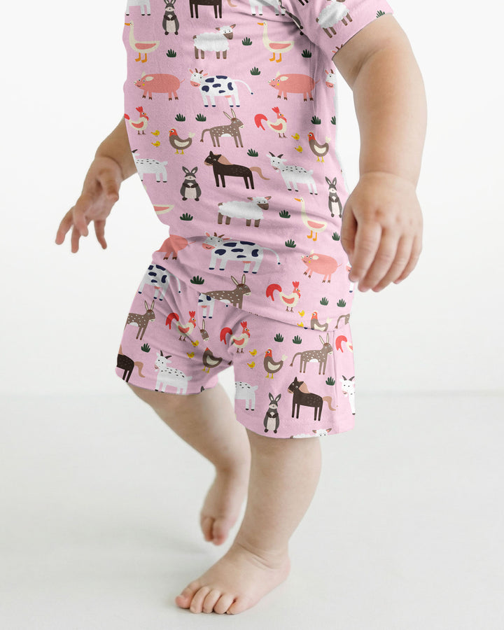 Rosa Bauernhoftiere Bambus Zweiteiliger Kurzarm Shorts Pyjama-Set
