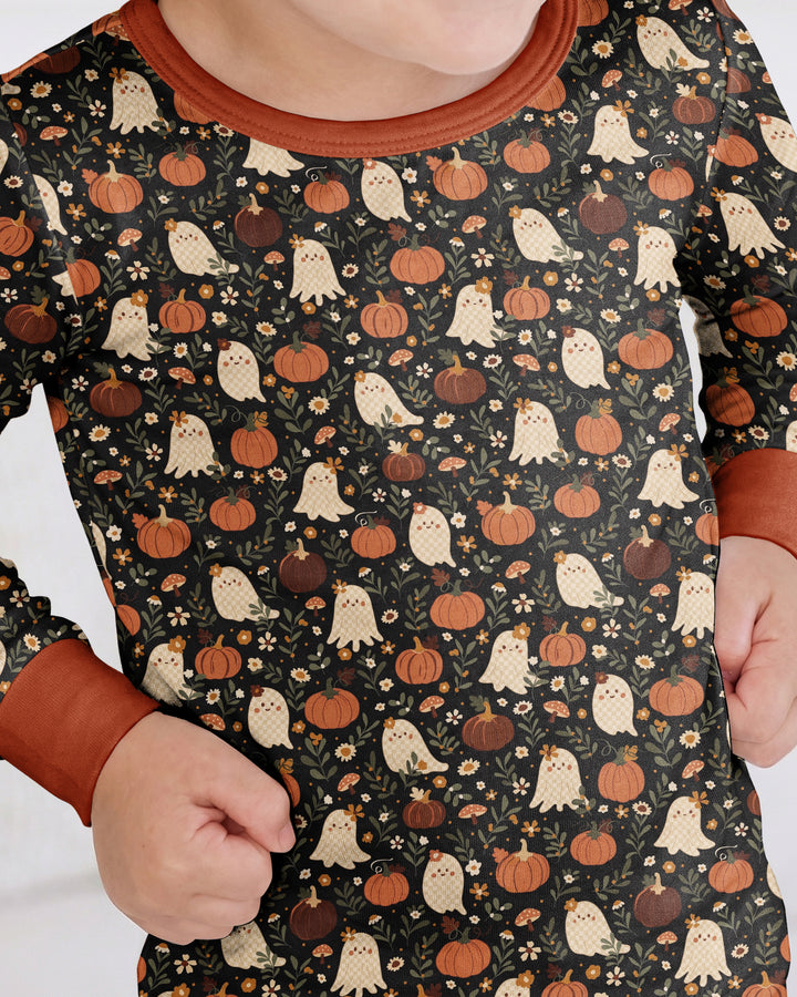 Ghost Pumpkin Harvest Floral Halloween Bamboo Two Piece Long Sleeve Pajama Set