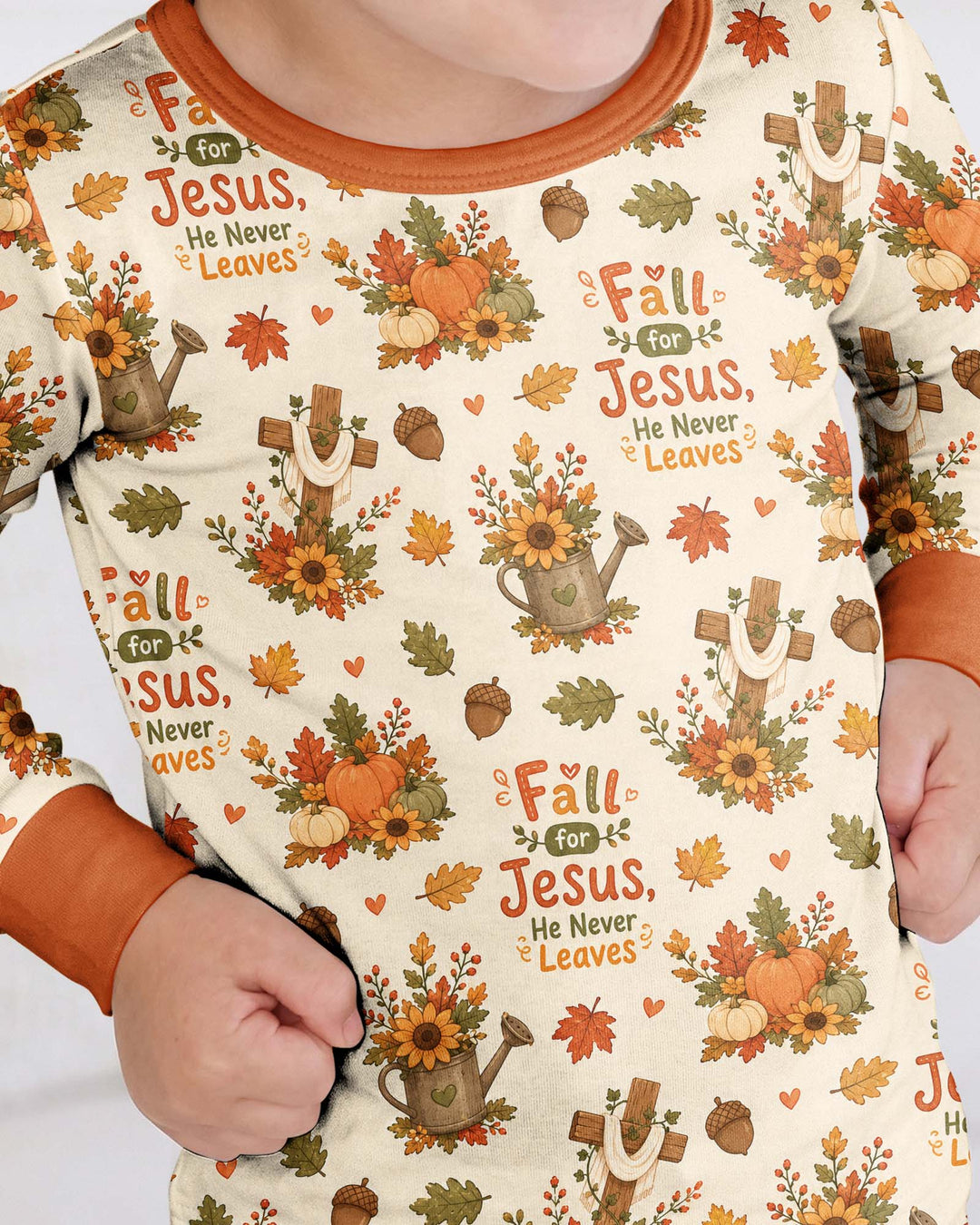 Fall For Jesus He Never Leaves Bamboo Two Piece Long Sleeve Pajama Set