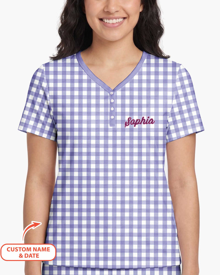 Embroidered Seersucker Bamboo Women Short Sleeve Short Pajama Set