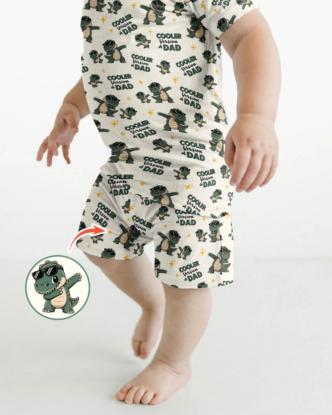 Genial conjunto de pijama de dos piezas de bambú de manga corta y pantalón corto a juego para papá y yo con diseño de dinosaurio.