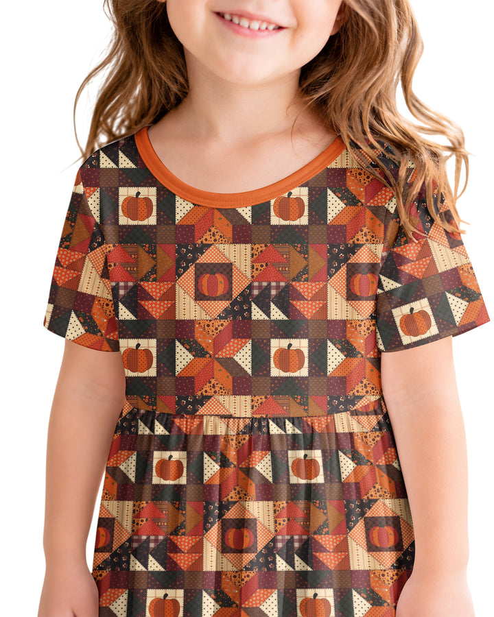 Vintage Pumpkin Patchwork Fall Bamboo Twirl Dress