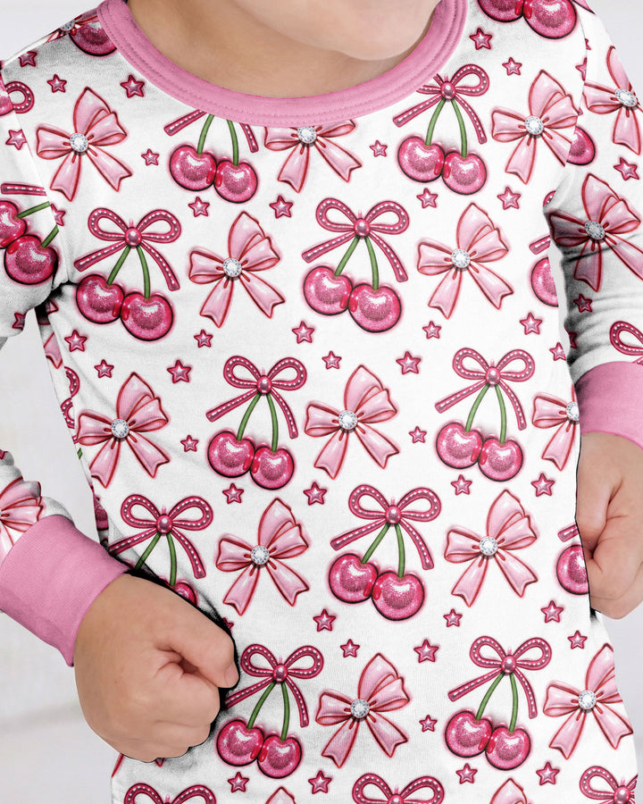 Pink Glitter Cherry Bows Bamboo Two Piece Long Sleeve Pajama Set