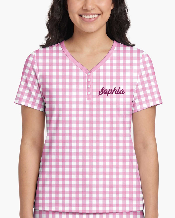 Embroidered Seersucker Bamboo Women Short Sleeve Short Pajama Set