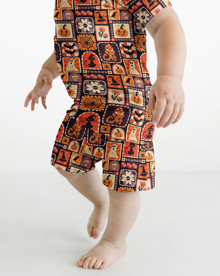 Retro Halloween Patchwork Icons Bamboo Two Piece Short Sleeve Shorts Pajama Set