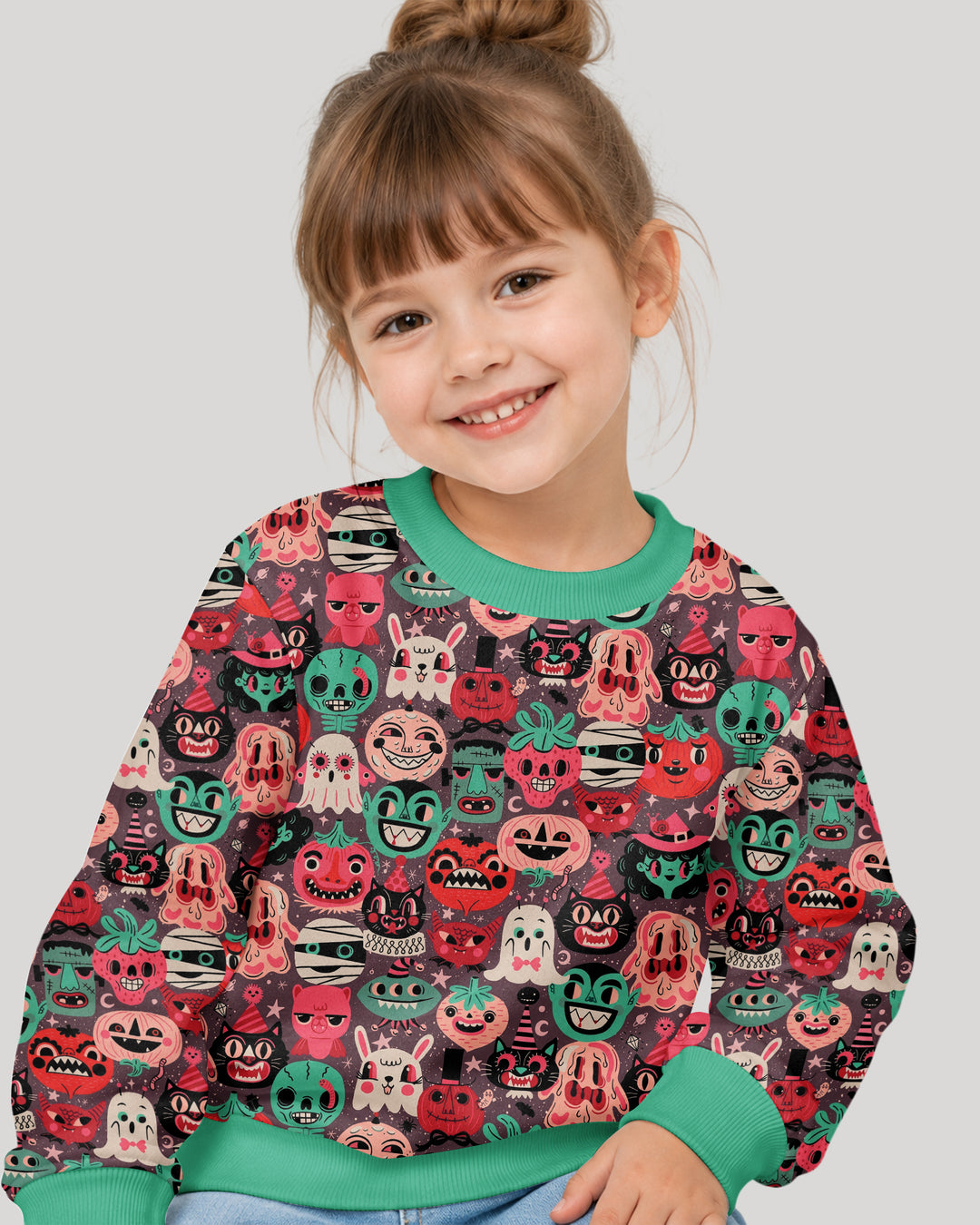 Retro Halloween Monsters Ghost Pumpkin Mummy Bamboo Crewneck Sweatshirt