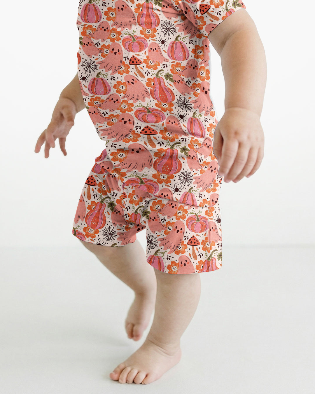 Pink Ghost Pumpkin Fall Floral Halloween Bamboo Two Piece Short Sleeve Shorts Pajama Set